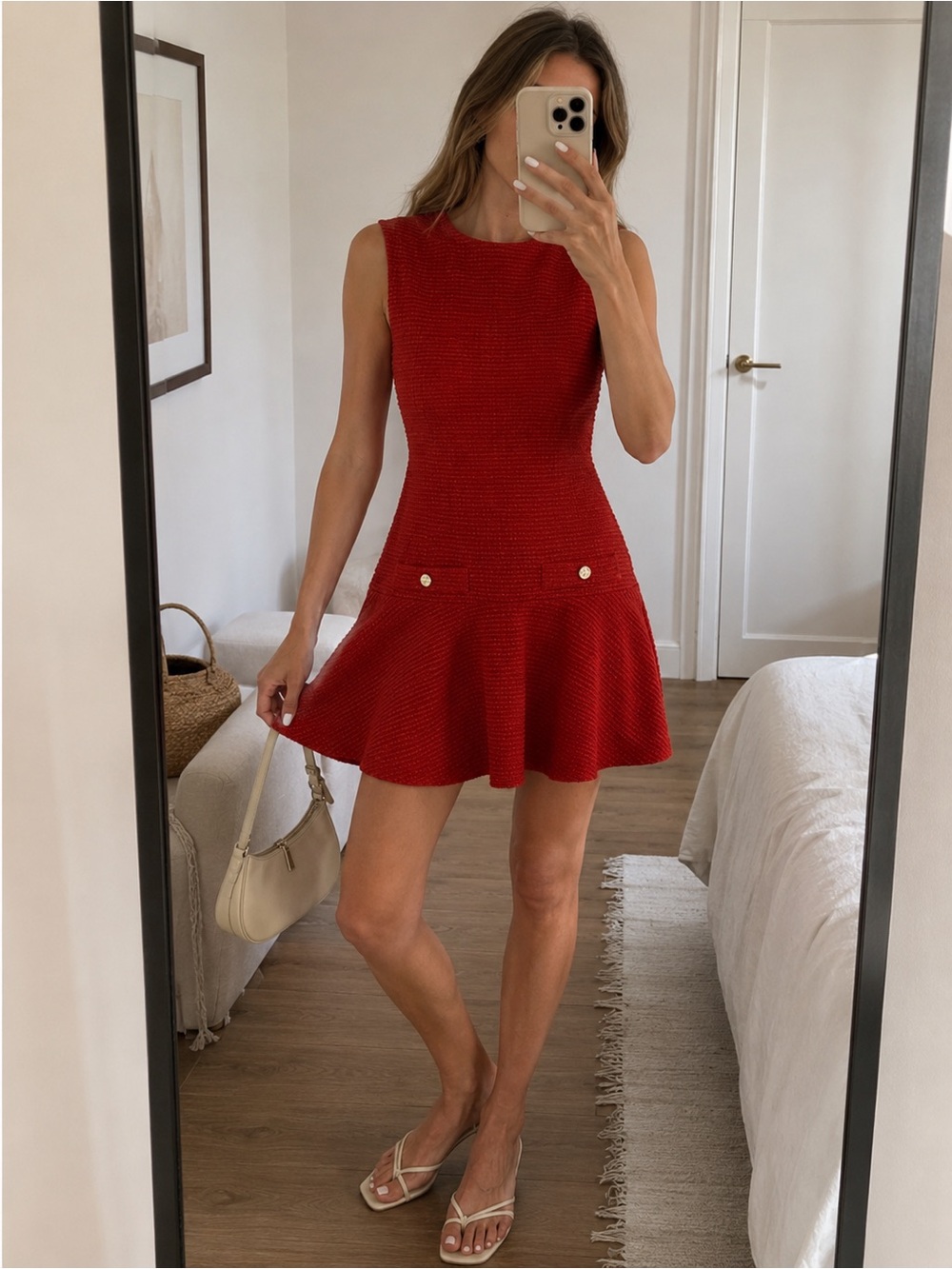 Zara Classic Textured Sleeveless Drop Waist Fit & Flare Mini Dress Red Size S